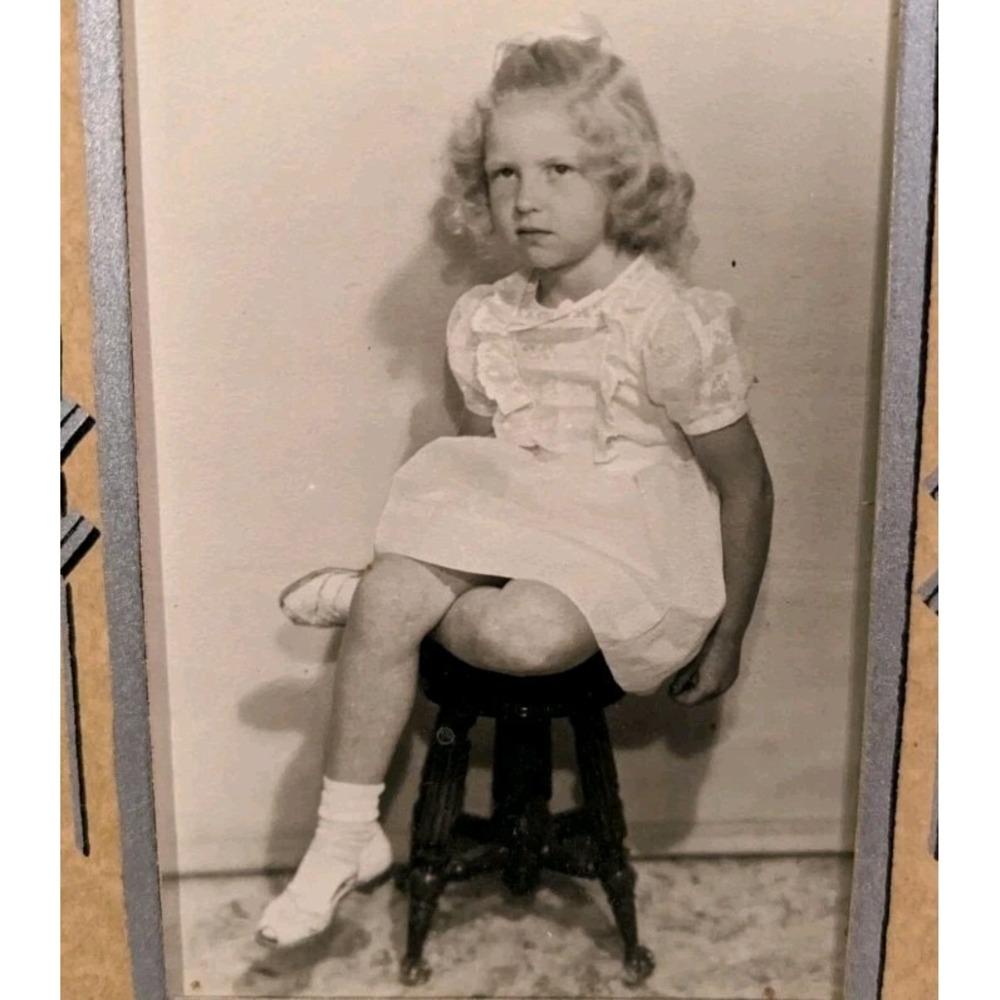 Black & White Photo Blonde Girl Pouty Trifold Portrait Jean Thies Tilton Kid Vtg